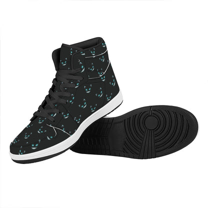 Black Cheshire Cat Pattern Print High Top Leather Sneakers