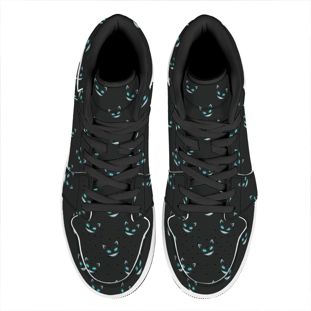 Black Cheshire Cat Pattern Print High Top Leather Sneakers