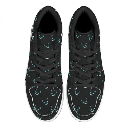 Black Cheshire Cat Pattern Print High Top Leather Sneakers