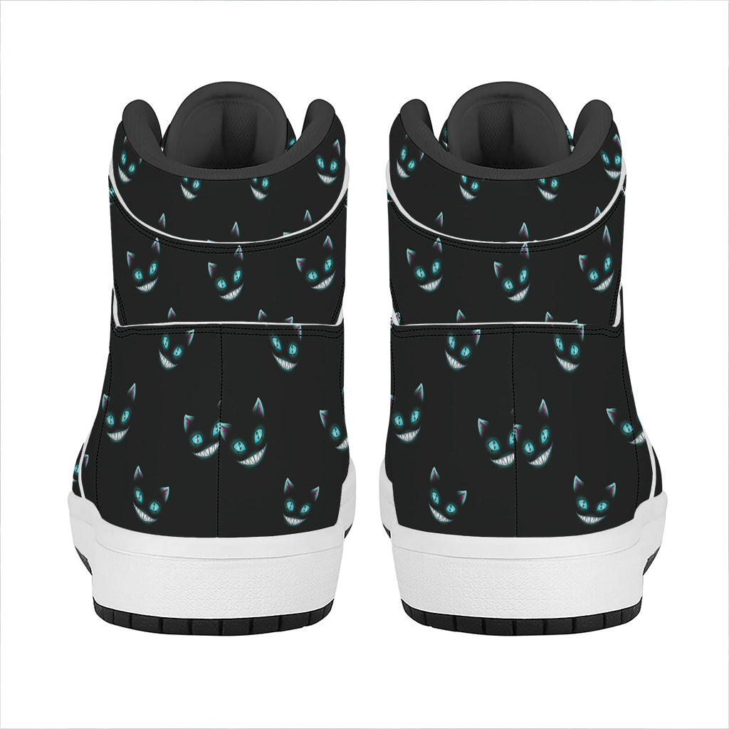 Black Cheshire Cat Pattern Print High Top Leather Sneakers