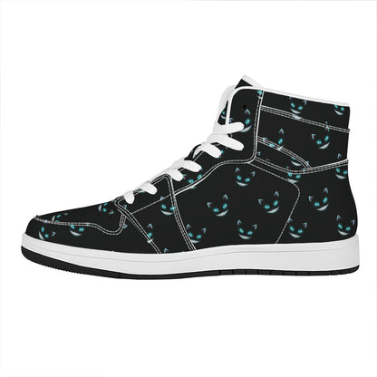 Black Cheshire Cat Pattern Print High Top Leather Sneakers