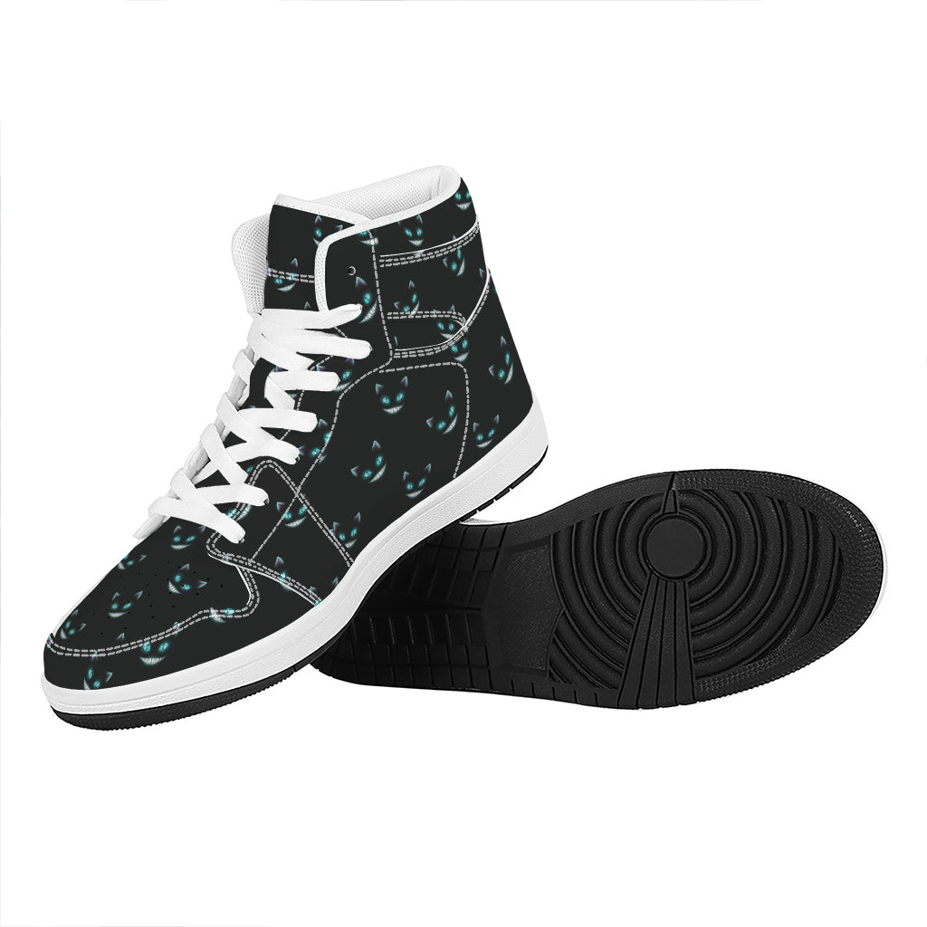 Black Cheshire Cat Pattern Print High Top Leather Sneakers