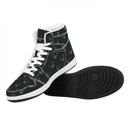 Black Cheshire Cat Pattern Print High Top Leather Sneakers