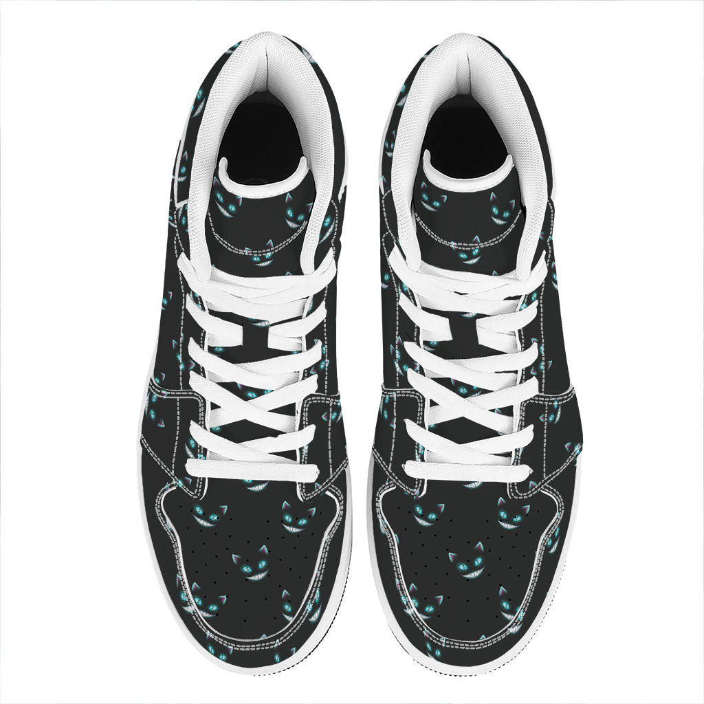 Black Cheshire Cat Pattern Print High Top Leather Sneakers