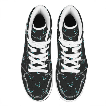 Black Cheshire Cat Pattern Print High Top Leather Sneakers