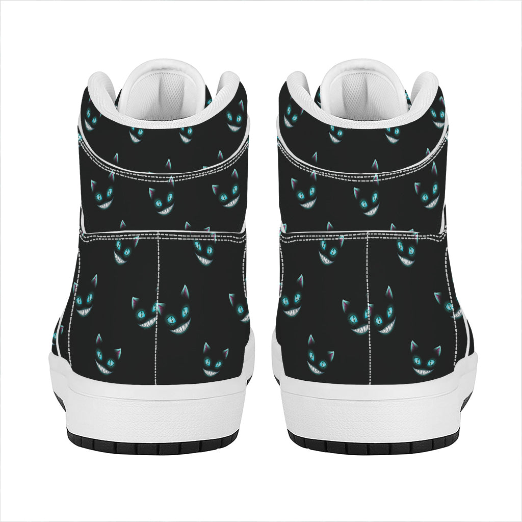 Black Cheshire Cat Pattern Print High Top Leather Sneakers