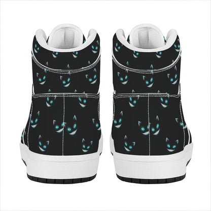 Black Cheshire Cat Pattern Print High Top Leather Sneakers