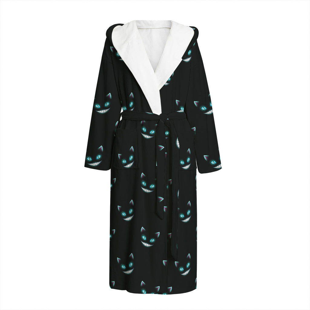 Black Cheshire Cat Pattern Print Hooded Bathrobe