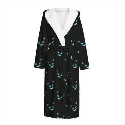 Black Cheshire Cat Pattern Print Hooded Bathrobe