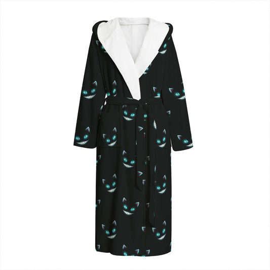 Black Cheshire Cat Pattern Print Hooded Bathrobe