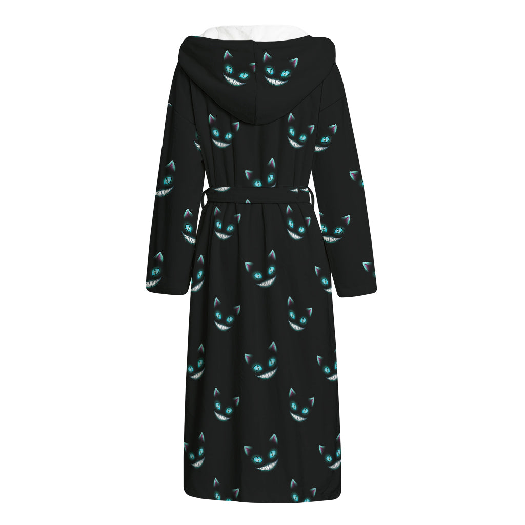 Black Cheshire Cat Pattern Print Hooded Bathrobe