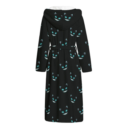 Black Cheshire Cat Pattern Print Hooded Bathrobe