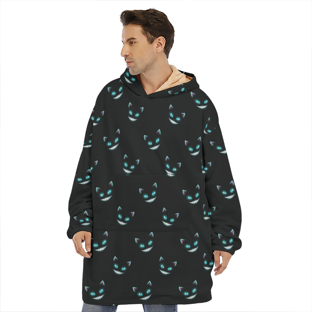 Black Cheshire Cat Pattern Print Hoodie Blanket
