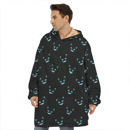 Black Cheshire Cat Pattern Print Hoodie Blanket