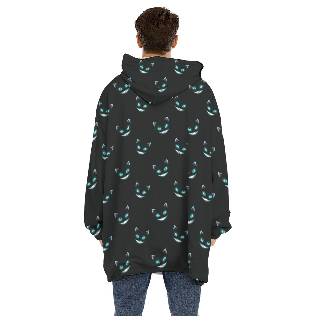 Black Cheshire Cat Pattern Print Hoodie Blanket
