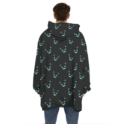 Black Cheshire Cat Pattern Print Hoodie Blanket
