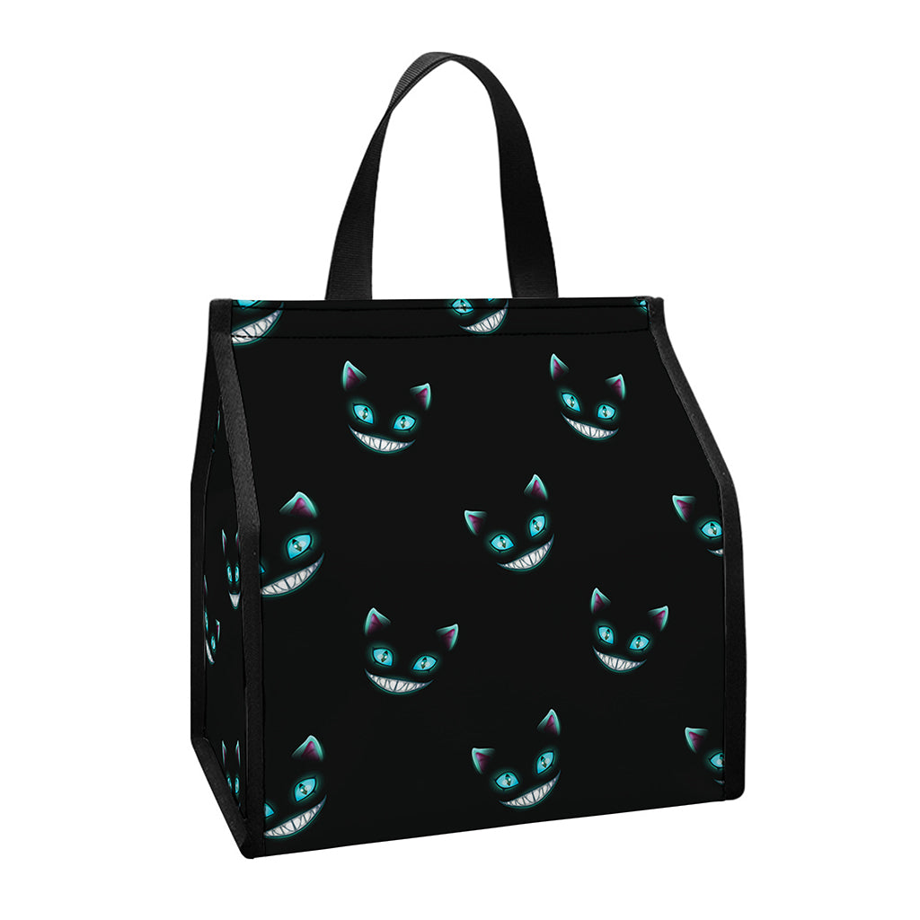 Black Cheshire Cat Pattern Print Insulated Lunch Tote
