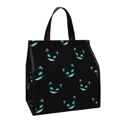 Black Cheshire Cat Pattern Print Insulated Lunch Tote