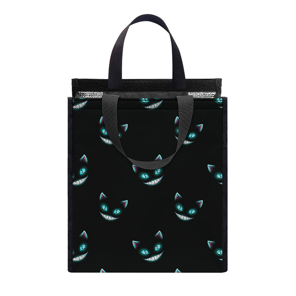 Black Cheshire Cat Pattern Print Insulated Lunch Tote