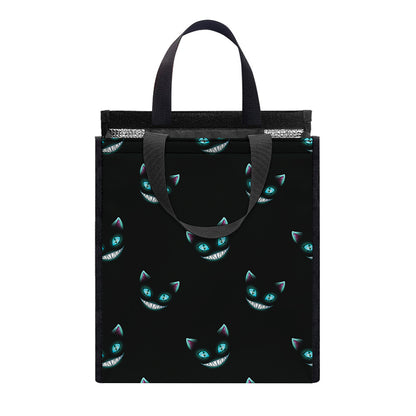 Black Cheshire Cat Pattern Print Insulated Lunch Tote