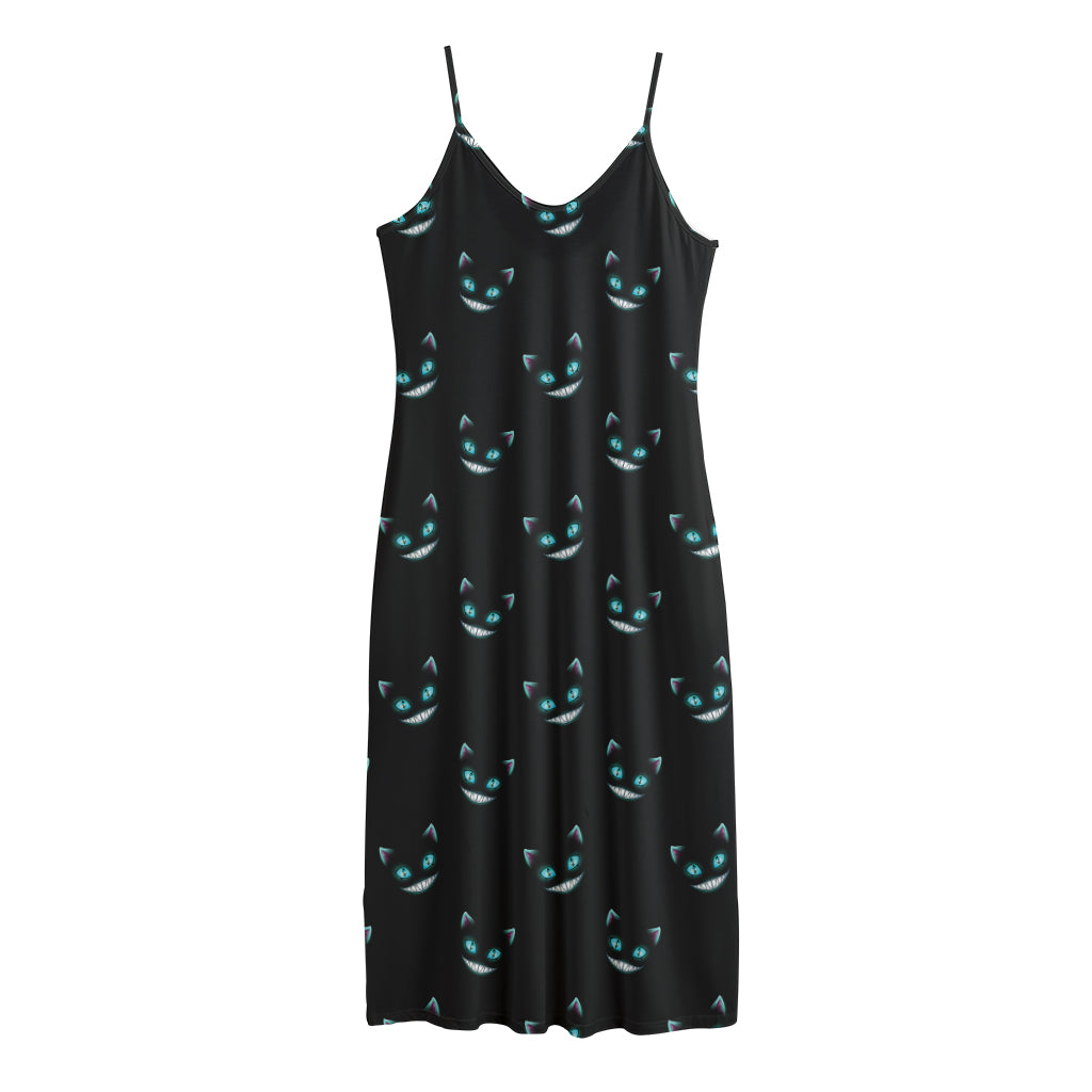 Black Cheshire Cat Pattern Print Jersey Midi Cami Dress
