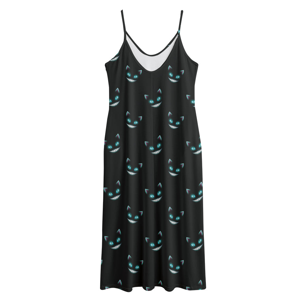 Black Cheshire Cat Pattern Print Jersey Midi Cami Dress