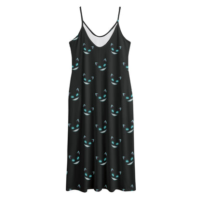 Black Cheshire Cat Pattern Print Jersey Midi Cami Dress