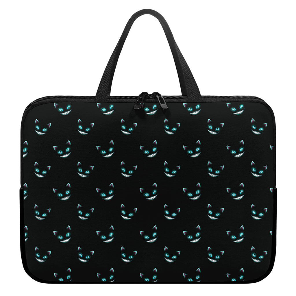 Black Cheshire Cat Pattern Print Laptop Sleeve With Handle