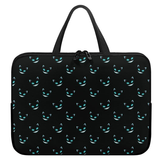 Black Cheshire Cat Pattern Print Laptop Sleeve With Handle