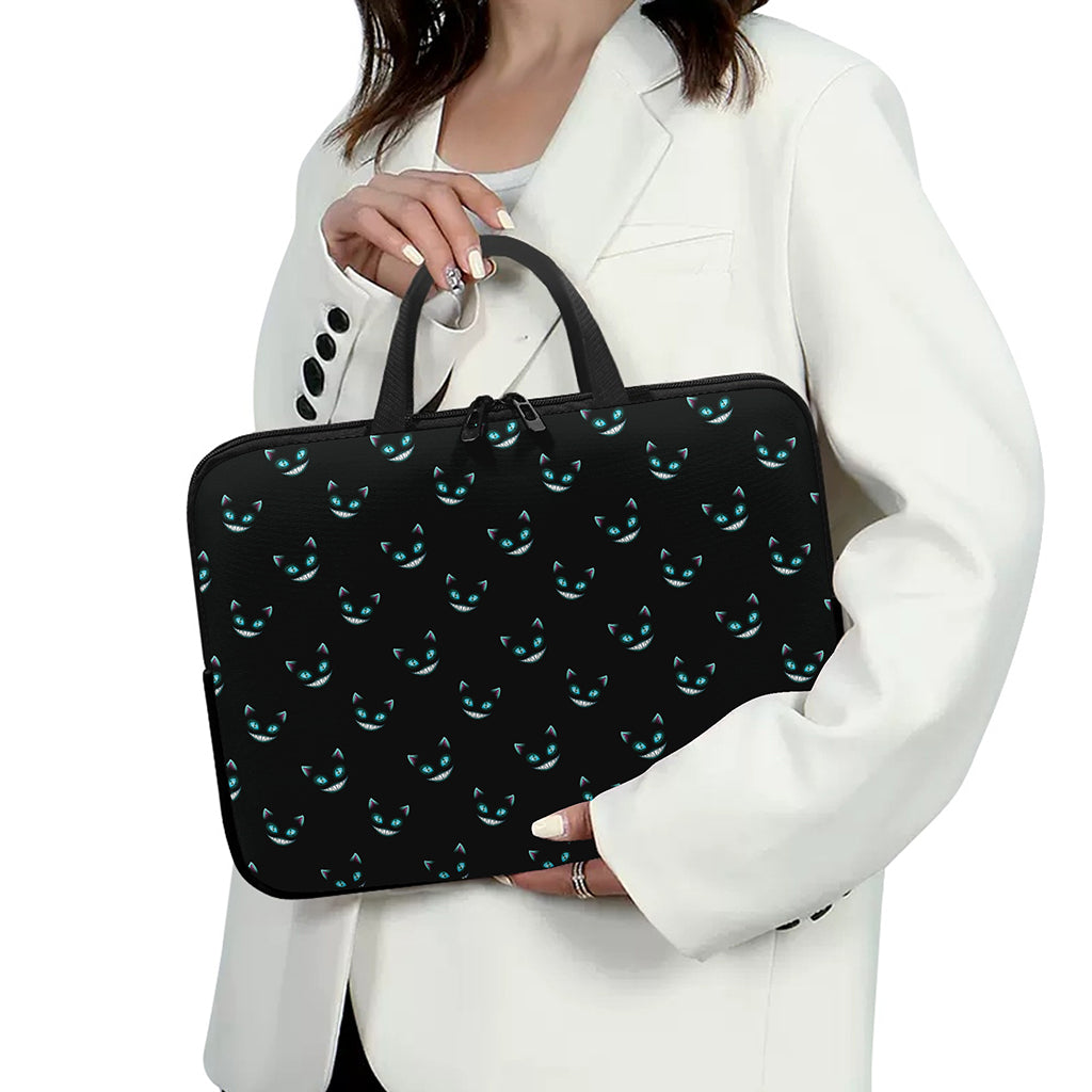 Black Cheshire Cat Pattern Print Laptop Sleeve With Handle