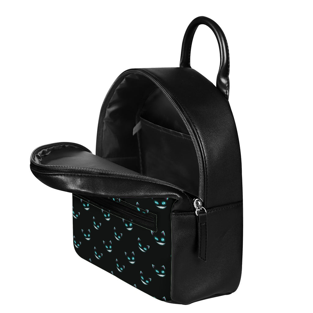 Black Cheshire Cat Pattern Print Leather Backpack