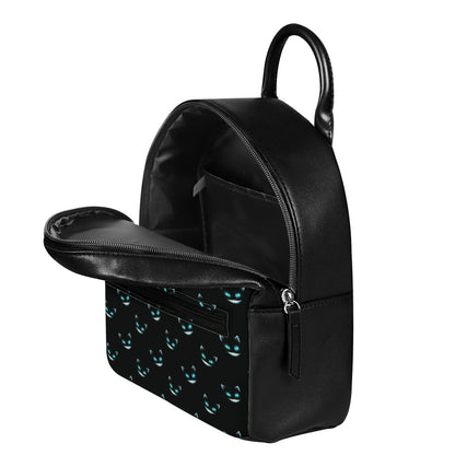 Black Cheshire Cat Pattern Print Leather Backpack