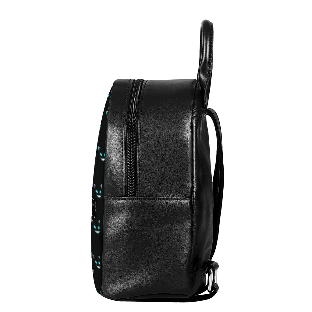 Black Cheshire Cat Pattern Print Leather Backpack