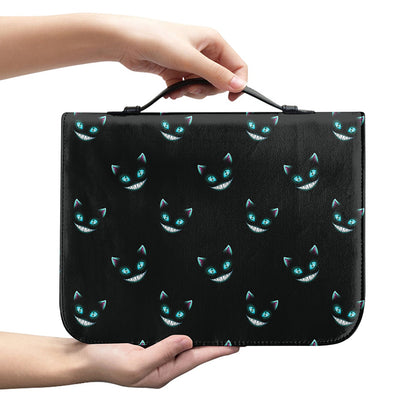 Black Cheshire Cat Pattern Print Leather Bible Cover