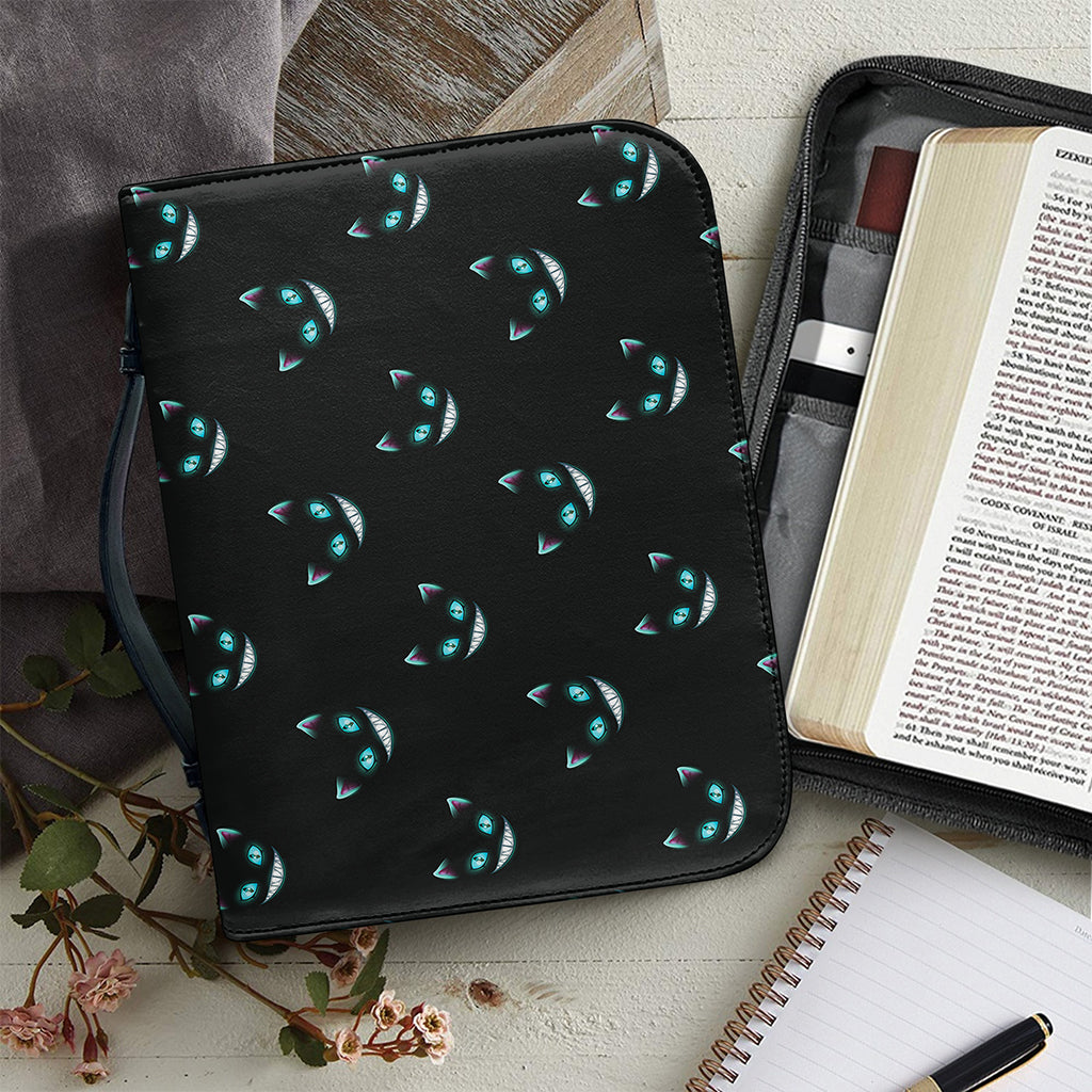 Black Cheshire Cat Pattern Print Leather Bible Cover
