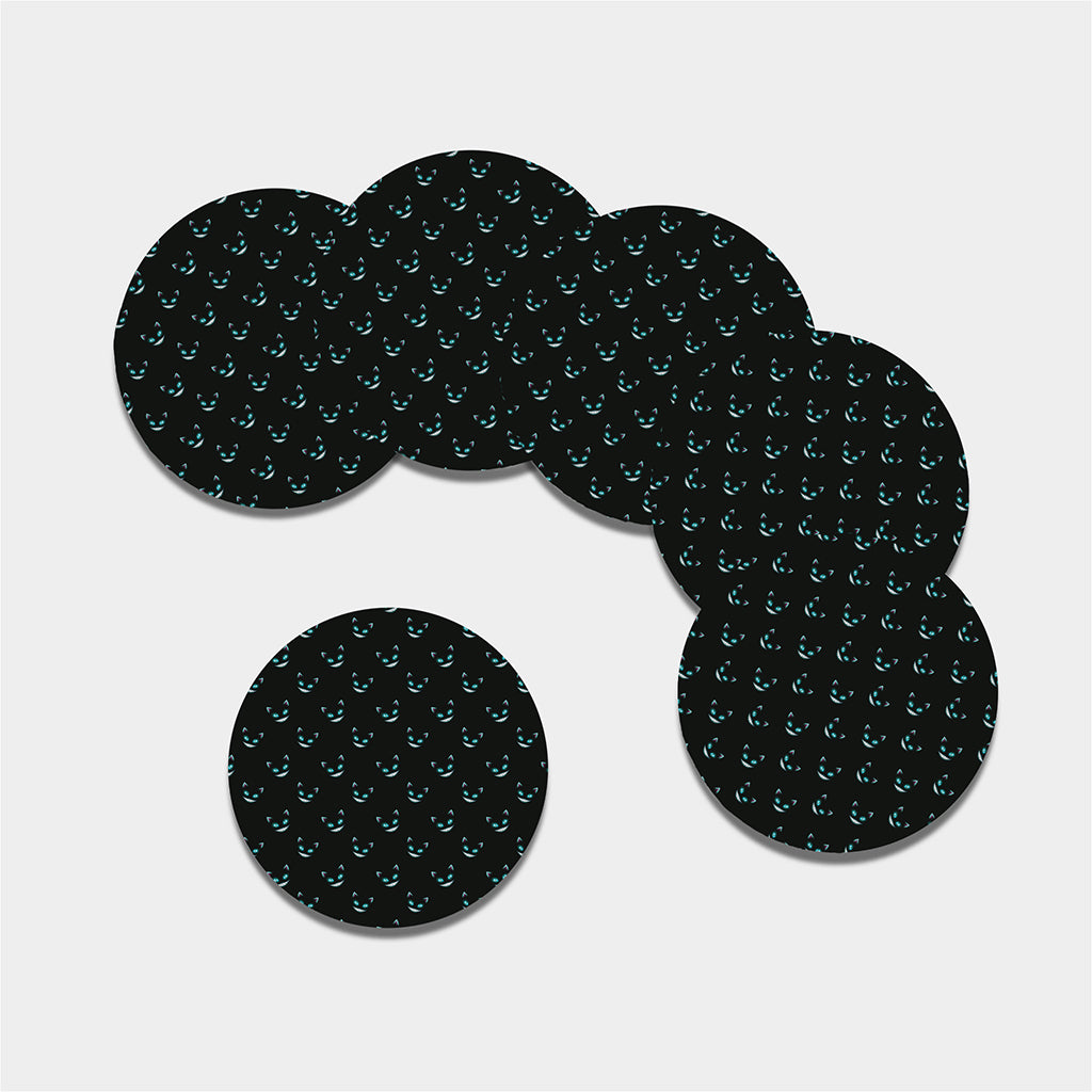 Black Cheshire Cat Pattern Print Leather Coaster Set