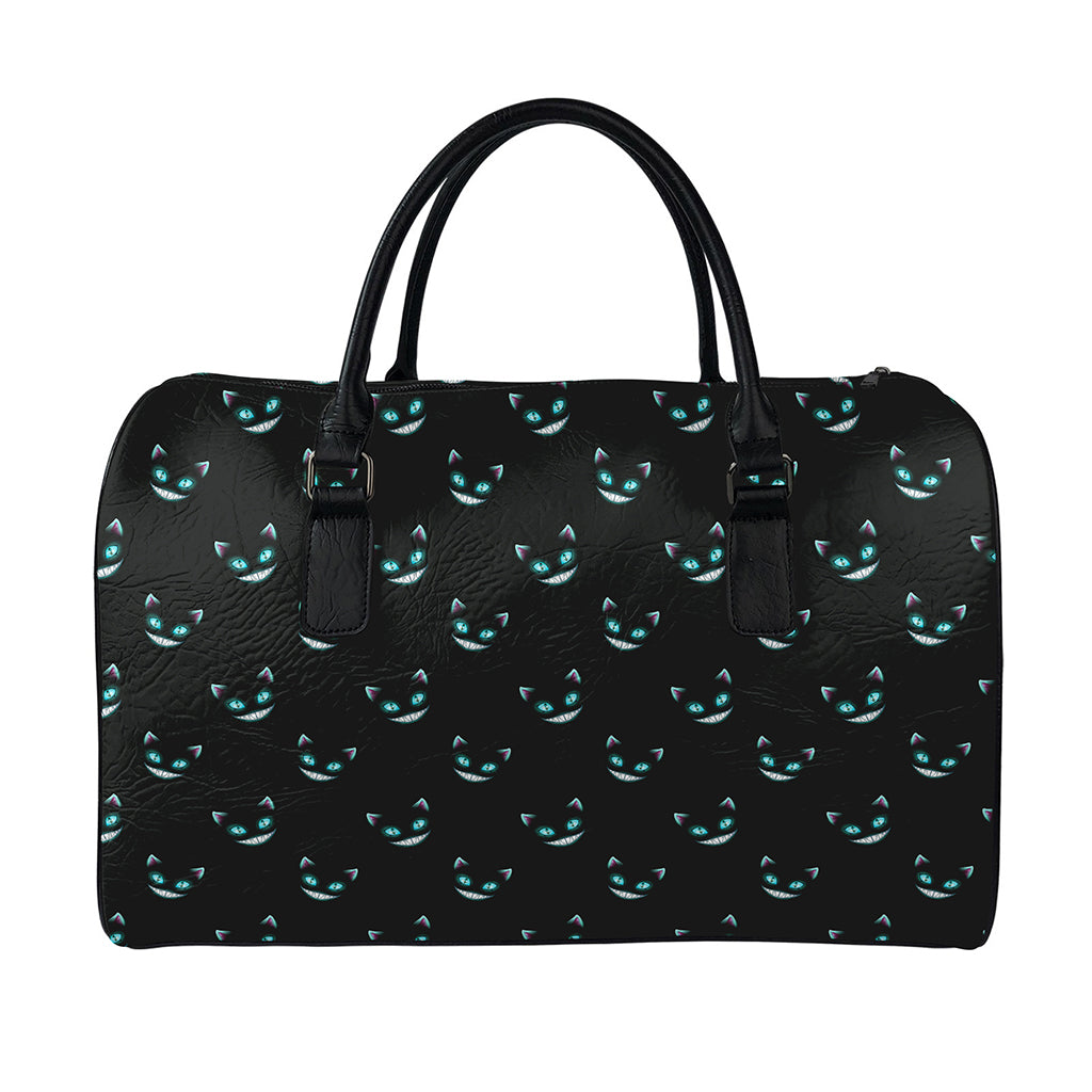 Black Cheshire Cat Pattern Print Leather Duffle Bag