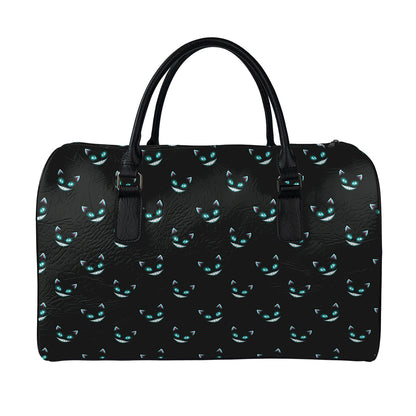 Black Cheshire Cat Pattern Print Leather Duffle Bag