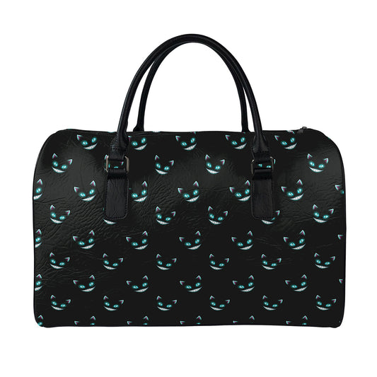Black Cheshire Cat Pattern Print Leather Duffle Bag