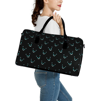 Black Cheshire Cat Pattern Print Leather Duffle Bag