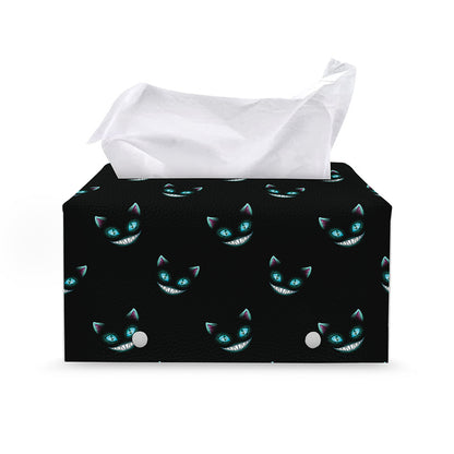 Black Cheshire Cat Pattern Print Leather Tissue Box Cover