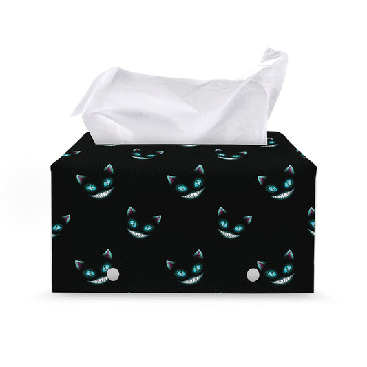 Black Cheshire Cat Pattern Print Leather Tissue Box Cover