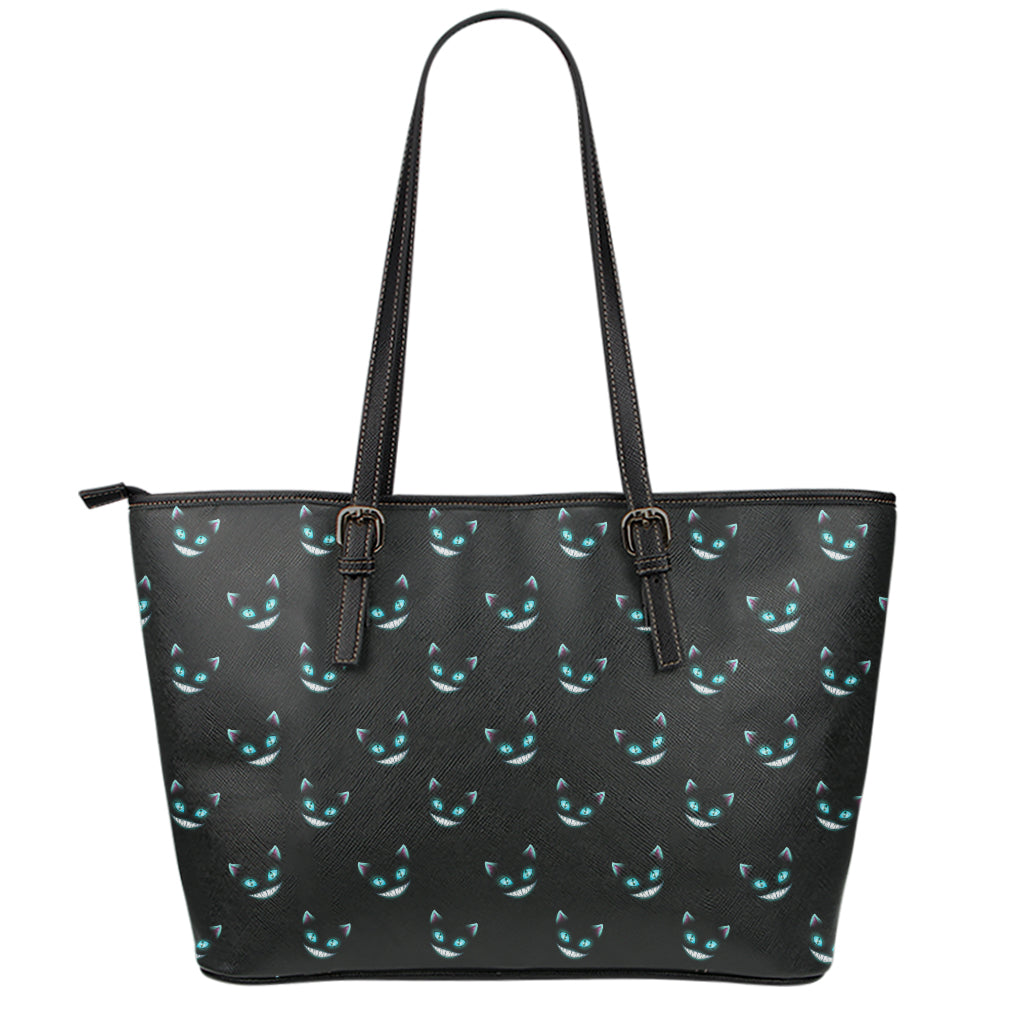 Black Cheshire Cat Pattern Print Leather Tote Bag
