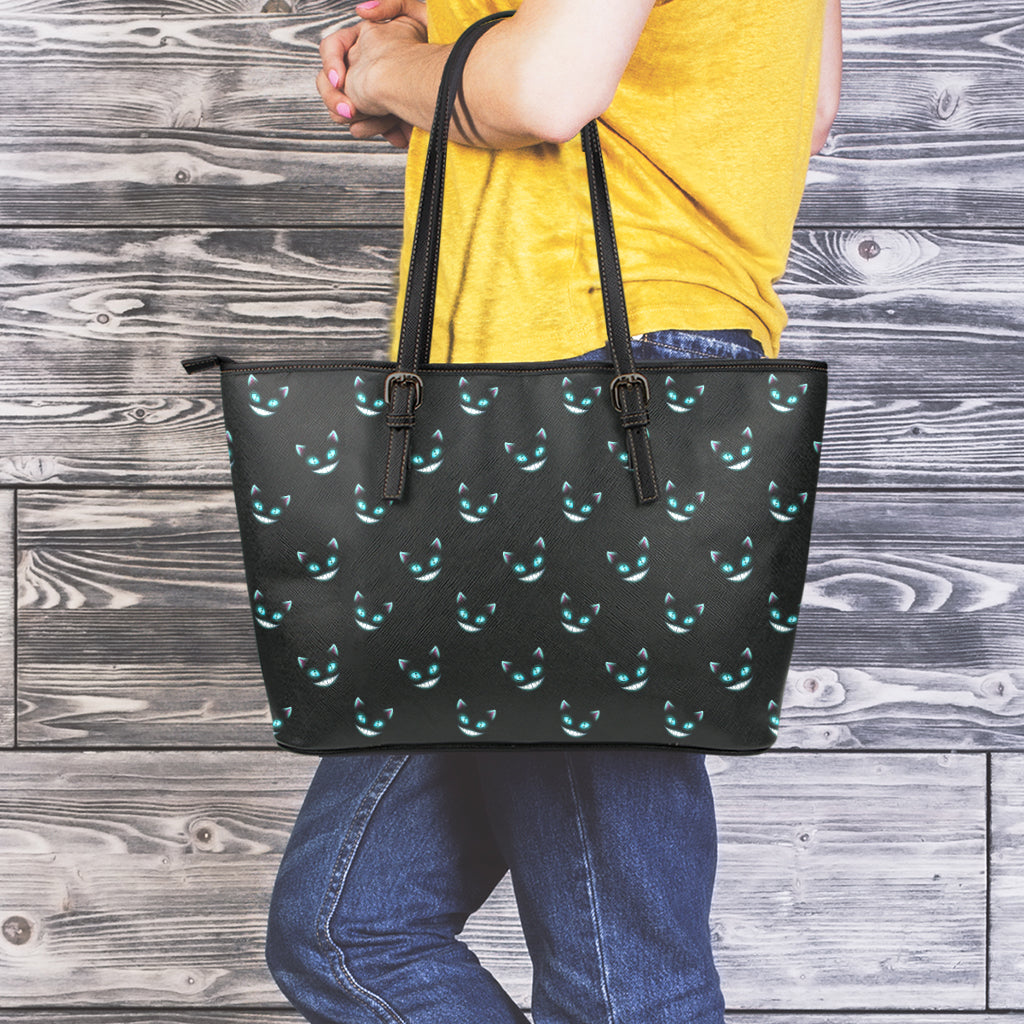 Black Cheshire Cat Pattern Print Leather Tote Bag
