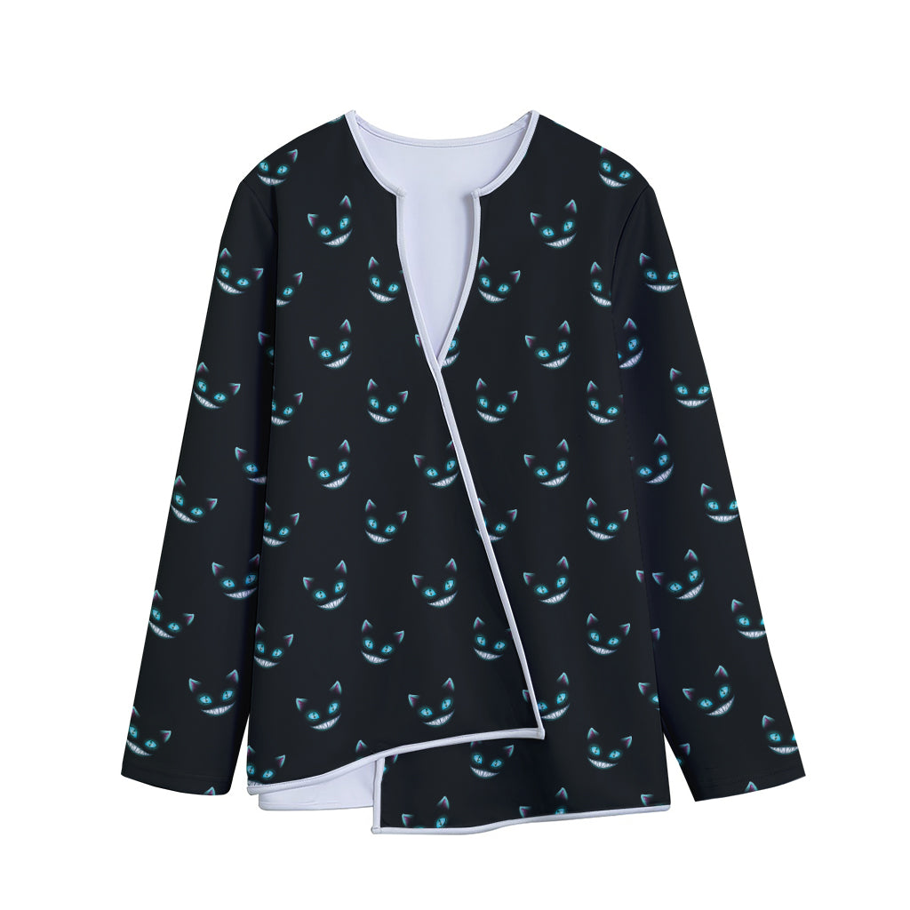Black Cheshire Cat Pattern Print Long Sleeve Short Coat