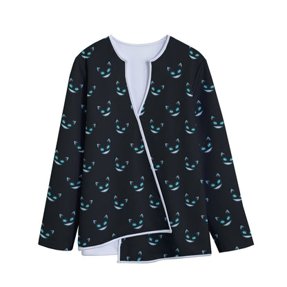 Black Cheshire Cat Pattern Print Long Sleeve Short Coat