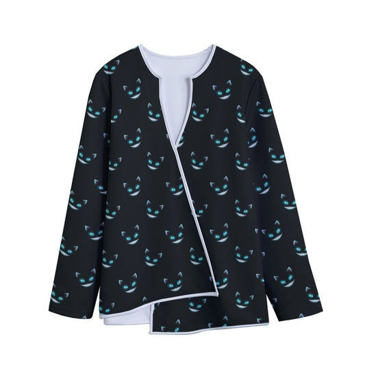 Black Cheshire Cat Pattern Print Long Sleeve Short Coat