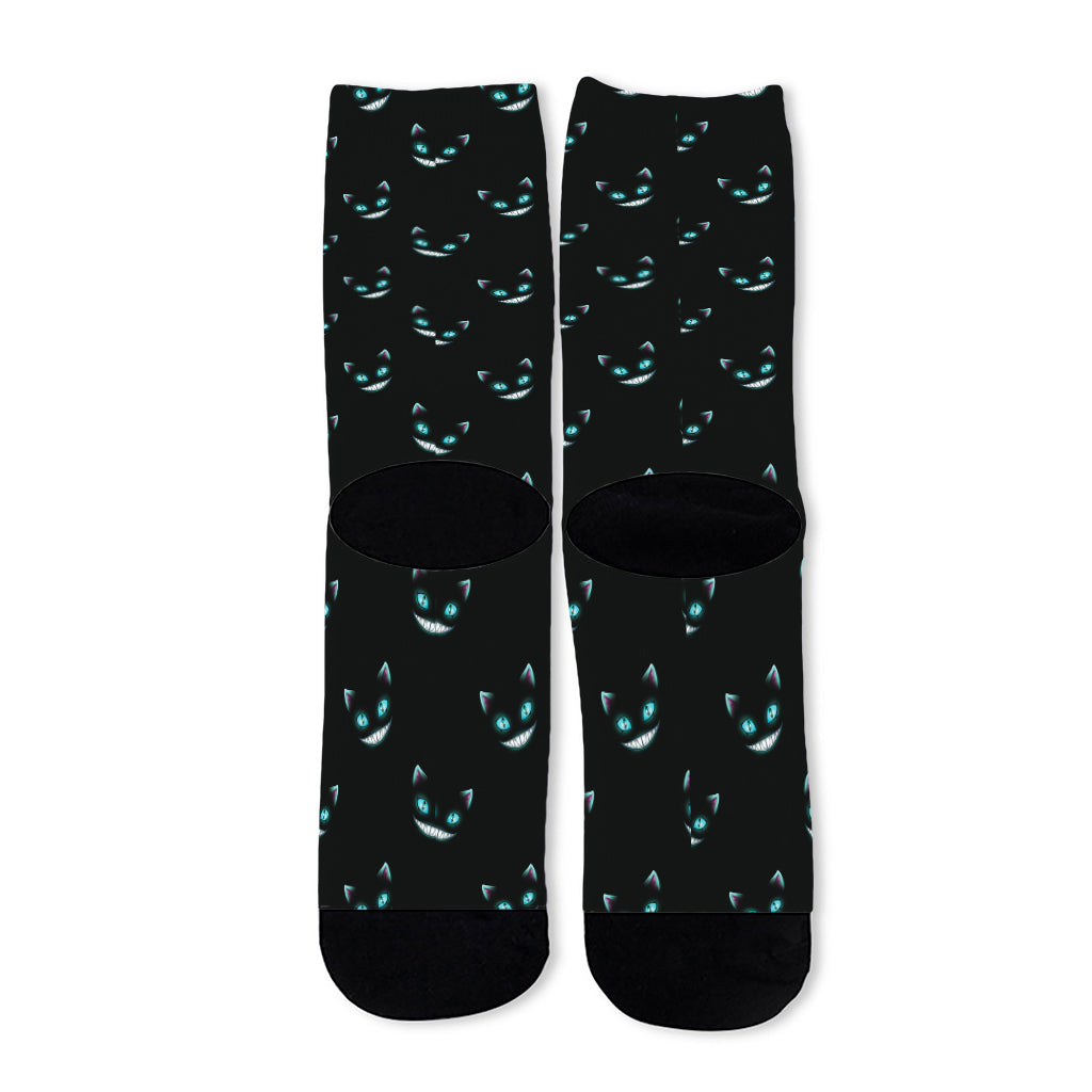 Black Cheshire Cat Pattern Print Long Socks