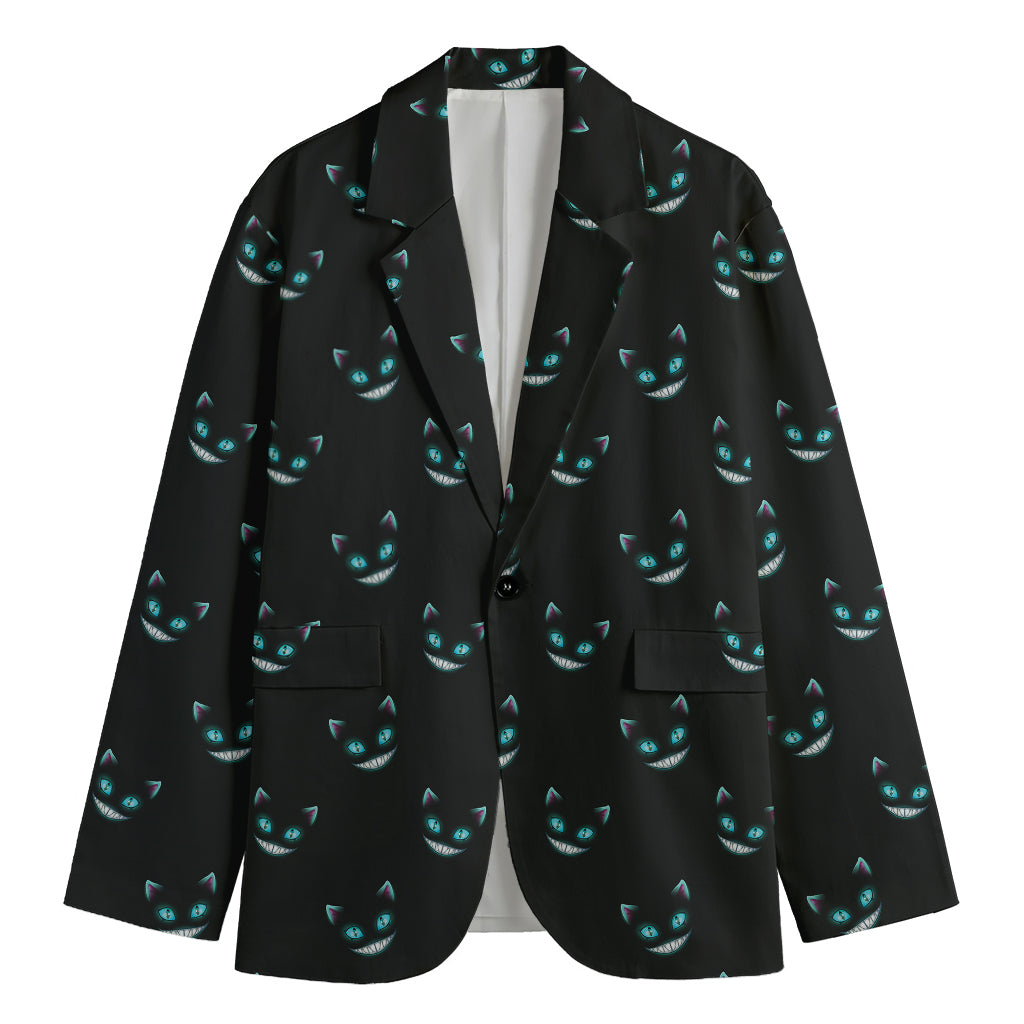 Black Cheshire Cat Pattern Print Men's Cotton Blazer