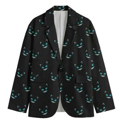 Black Cheshire Cat Pattern Print Men's Cotton Blazer